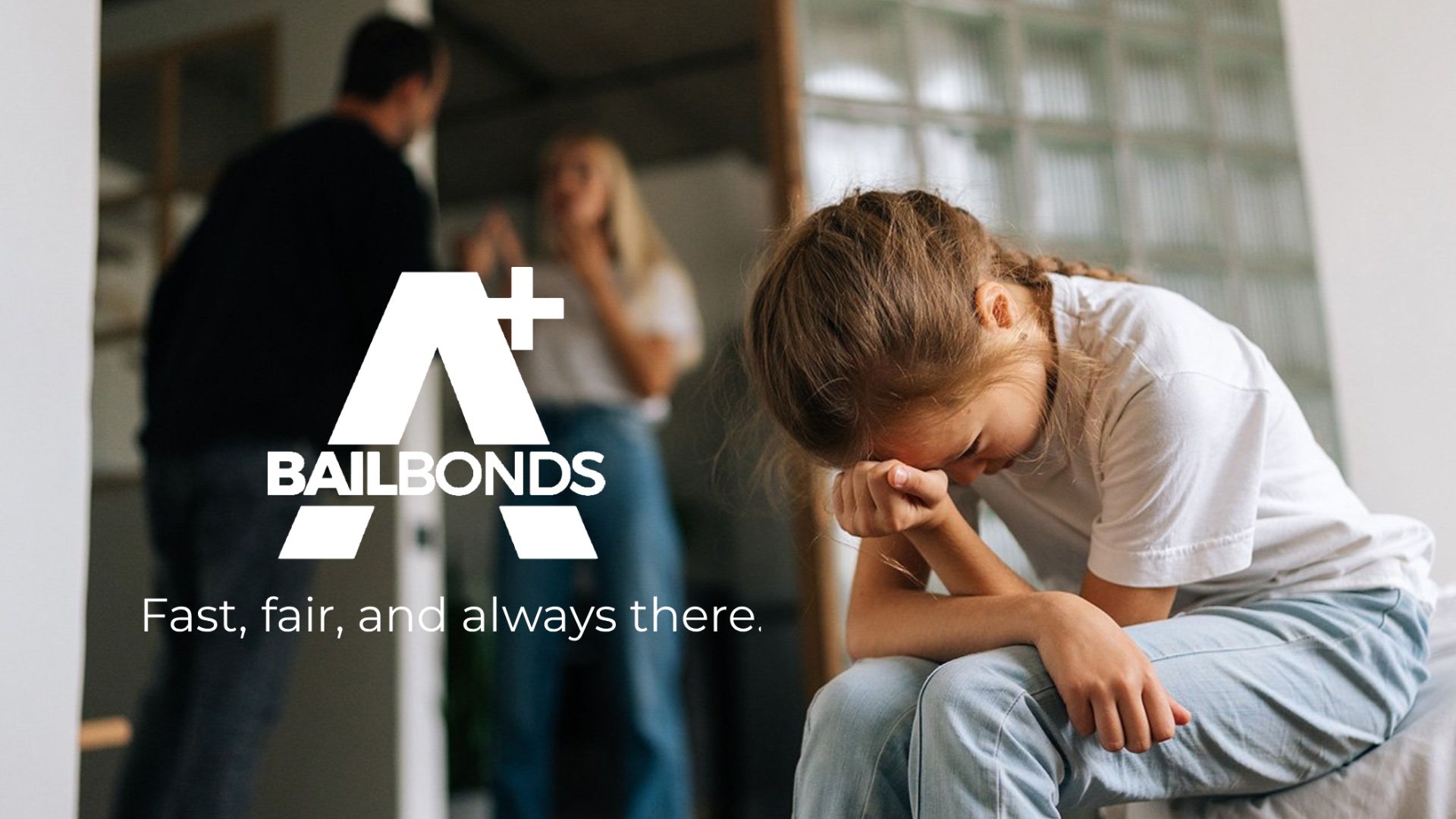 Sad child sitting with head down while parents argue in the background, promoting A+ Bail Bonds fast and fair bail bond services.